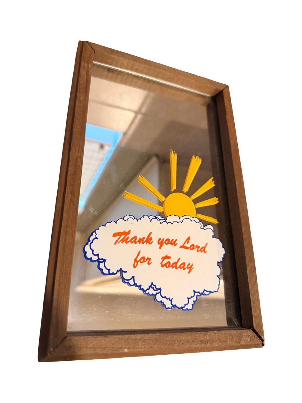 Vintage Brown Framed Mirror with Yellow Sun and Blue-Outlined Cloud - Picture 1 of 4
